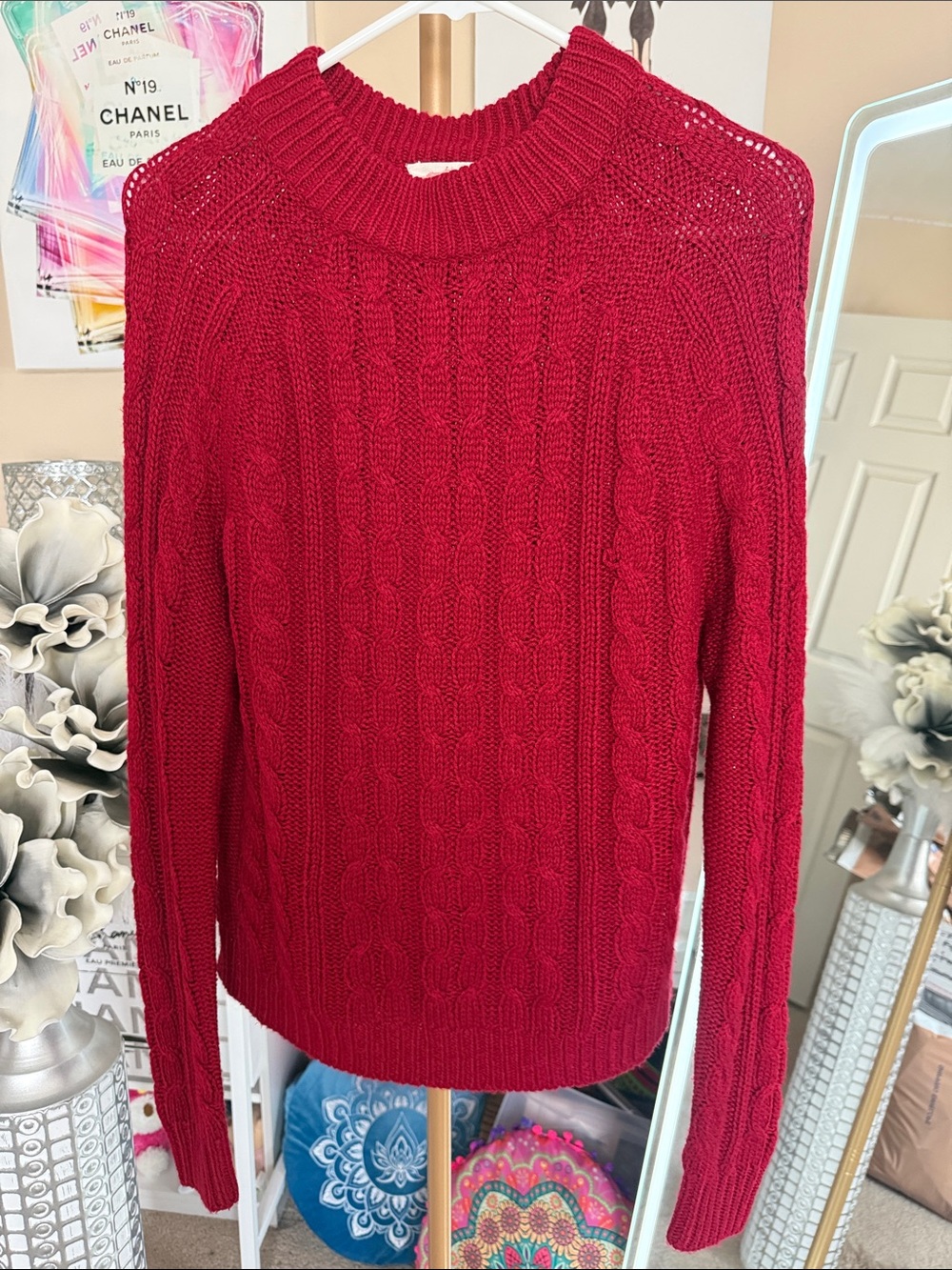 Ambiance Red Cable Knit Crewneck Sweater